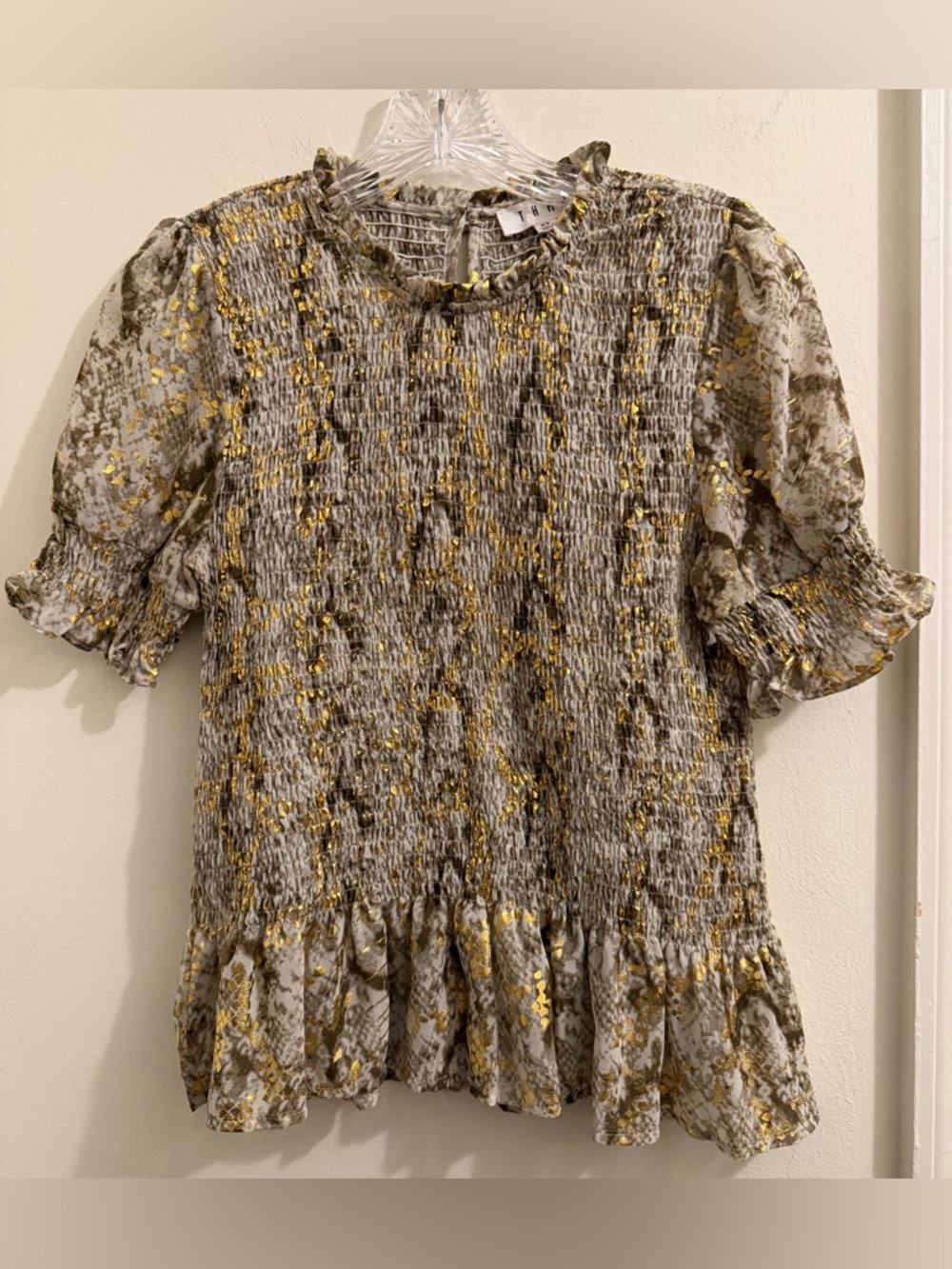 THML Metallic Gold & Tan Smocked Ruffle Top